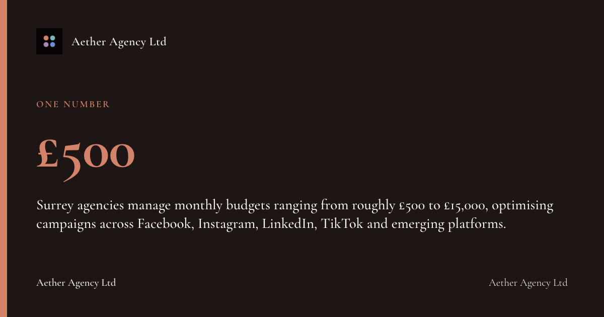 £500: Surrey agencies manage monthly budgets ranging from roughly £500 to £15,000, optimising campaigns across Facebook, Instagram, LinkedIn, TikTok and emerging platforms.